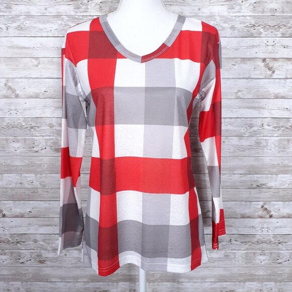 Suvimuga VNeck Top M Long Sleeved Red Gray Plaid 357A - Picture 2 of 7